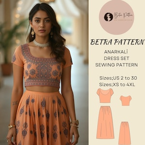 Conjunto de vestido Anarkali, padrão de costura, vestido indiano, vestido Lehanga Choli, conjunto de top e saia indianos, vestido Eid, A0, A4-US Letter, EUA; 2 a 30, XS-4XL