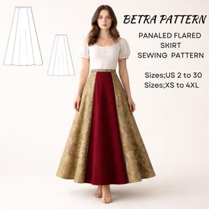 May include: A woman wearing a long, paneled flared skirt with a red center panel and gold patterned side panels. The skirt is part of a sewing pattern labeled "BETRA PATTERN" with sizes US 2 to 30 and XS to 4XL.
