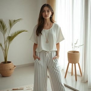 Może przedstawiać: Kobieta w białej, luźnej bluzie z złotym łańcuszkiem i paskami na spodniach. Stoi w pokoju z rośliną i drewnianym stojakiem.