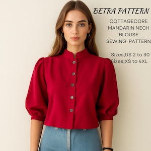 コテージコア マンダリンネックブラウスの縫製パターン、パフスリーブ（A4-USレターサイズ）（PDFパターン）