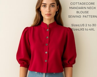 Cottagecore Mandarin Neck Blouse Sewing Pattern, Puff Sleeve (A4-US Letter) (PDF Pattern)