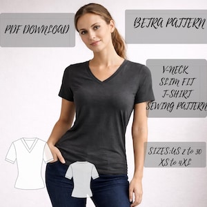 May include: A woman wearing a dark gray V-neck t-shirt. The image includes text that reads "PDF DOWNLOAD", "BETRA PATTERN", "V-NECK SLIM FIT T-SHIRT SEWING PATTERN", and "SIZES: US 2 to 30 XS to 4XL". Two line drawings of the t-shirt are also shown.