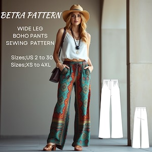 Patrón de costura de pantalones bohemios, pantalones holgados, pantalones hippies, pantalones bohemios de pierna ancha, pantalones casuales, pantalones sueltos, tallas A0, A4-US, tallas 2 a 30, XS-4XL