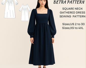 Square Neck Gathered Midi Dress Sewing Pattern (XS-4XL) (PDF Pattern)