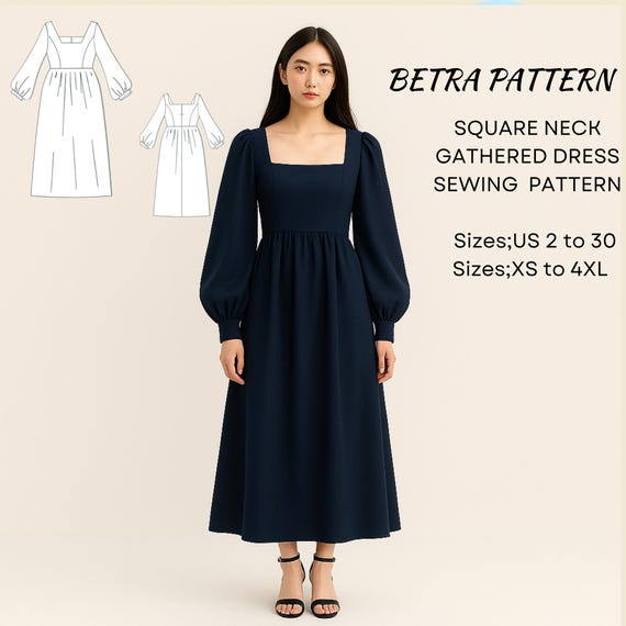 knee length dresses for ladies Blue Printed Square Neck Midi Dress