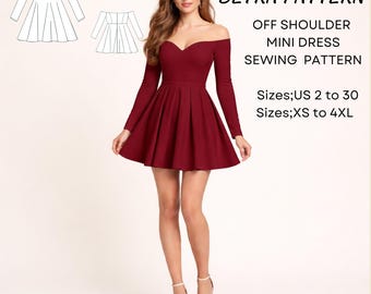 Off Shoulder Mini Dress Sewing Pattern, Sweetheart Neckline (PDF Pattern)