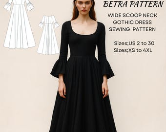 Wide Scoop Neck Gothic Dress Sewing Pattern: Medieval Costume (A4/US Letter) (XS-4XL)