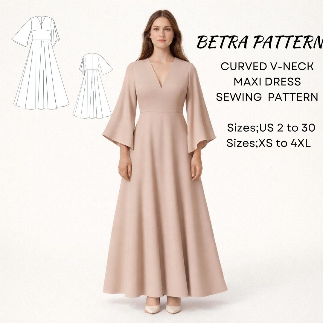 Curved V-neck Medieval Dress Sewing Pattern – Bell Sleeve,maxi –PDF A0 ...