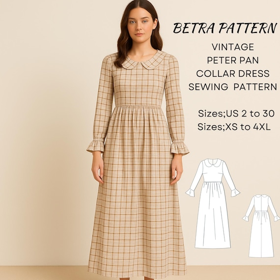 Vintage Plaid Peter Pan Collar Dress Sewing Pattern (PDF) - Etsy