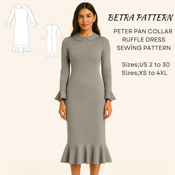 long sleeve peter pan collar dress pattern Peter Pan Collar Ruffle Dress Sewing Pattern - Long Sleeve – PDF A0/A4 US  2-30