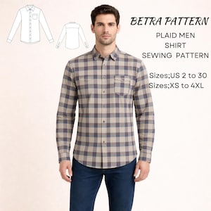 May include: A plaid shirt in shades of tan, blue, and brown, worn by a person. The shirt has two chest pockets and a button-down front. The image also includes a sewing pattern diagram and the text "BETRA PATTERN PLAID MEN SHIRT SEWING PATTERN". Sizes US 2 to 30 and XS to 4XL.
