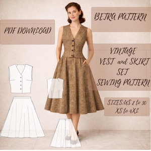 Vintage naaipatroon vest en rok (pdf-download, XS-4XL, 2-30 VS)