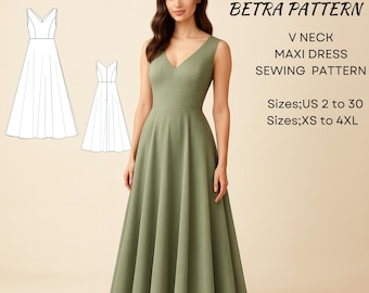 V-Neck Evening Gown Sewing Pattern: Maxi Ball Gown, Cottagecore, Prom (PDF)