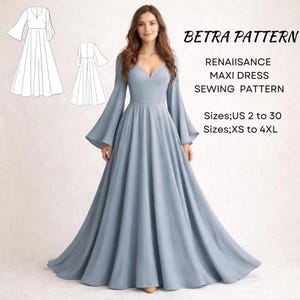 May include: A light blue maxi dress with long, flared sleeves and a V-neck. The dress is part of a sewing pattern, with the text "BETRA PATTERN" and "RENAIISANCE MAXI DRESS SEWING PATTERN". Sizes available are US 2 to 30 and XS to 4XL.