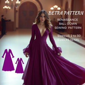 May include: A sewing pattern for a Renaissance ball gown in a deep purple color. The pattern includes sizes US 2 to 30 and XS to 4XL. The image shows a woman wearing a purple gown with a plunging neckline and long sleeves.