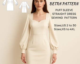 Schnittmuster für gerades Kleid mit Puffärmeln – Sweatheart-Ausschnitt/Herbstschnitt – Digital PDF A0/A4 US 2-30