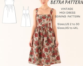 Patrón de costura para vestido midi vintage de estilo cottagecore (A0, A4, Carta EE. UU.)