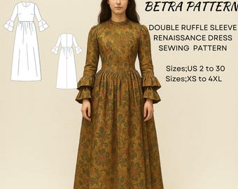 Ruffle Sleeve Renaissance Dress Sewing Pattern – Maxi Ball Gown (PDF)