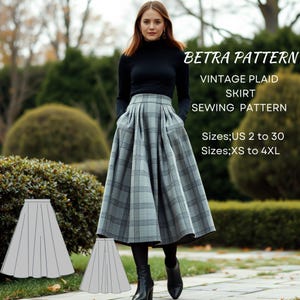 Patrón de costura de falda a cuadros vintage, falda a cuadros con bolsillos, patrón de falda midi, falda modesta, falda midi de círculo completo, XS-4XL, tamaño A4-US, A0