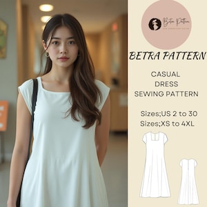 Patrón de costura de vestido casual, vestido relajado midi, patrón de costura de vestido fácil, vestido de manga corta, vestido de verano, A0, A4-US Letter, EE. UU.; 2 a 30, XS-4XL