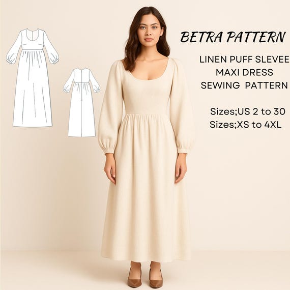 Linen Puff Sleeve Maxi Dress Sewing Pattern (A4-US Letter, A0) - Etsy