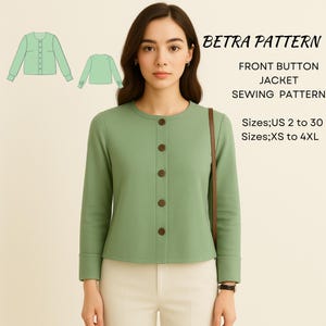 Patrón de costura para chaqueta con botones delanteros: Blusa de cuello redondo (tallas XS-4XL, A4-Carta EE. UU.) (Descarga digital)
