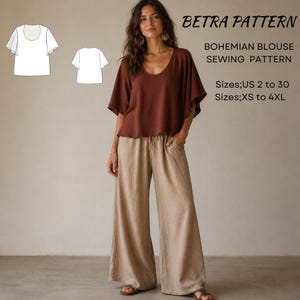 Mönster för bohemisk blus – Utsvängd ärm – PDF A0/A4 US 2-30