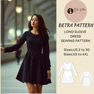 Patrón de costura de vestido de otoño de manga larga, vestido por encima de la rodilla, patrón de costura de vestido fácil, patrón de vestido casual, A0, A4-US Letter, EE. UU.; 2 a 30, XS-4XL