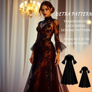 Może przedstawiać: Wzór szycia na transparentną sukienkę z koronki, z długimi rękawami i wysokim kołnierzem. Wzór obejmuje rozmiary od 34 do 52 oraz XS do 4XL. Na zdjęciu modelka w sukience oraz dwa płaskie szkice sukienki.