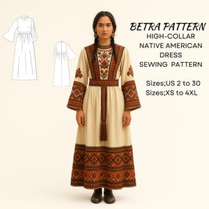 Molde de costura para vestido longo de gola alta e manga sino: nativo americano, PP-4GG (PDF)