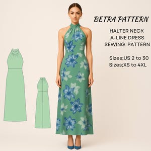 Modello di cucito per abito boho con scollo all'americana: maxi abito in seta floreale (PDF A0/A4 US 2-30)