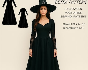 Halloween Costume Maxi Dress Sewing Pattern: Witch, Gothic, Vampire (A4, US Letter) (PDF)