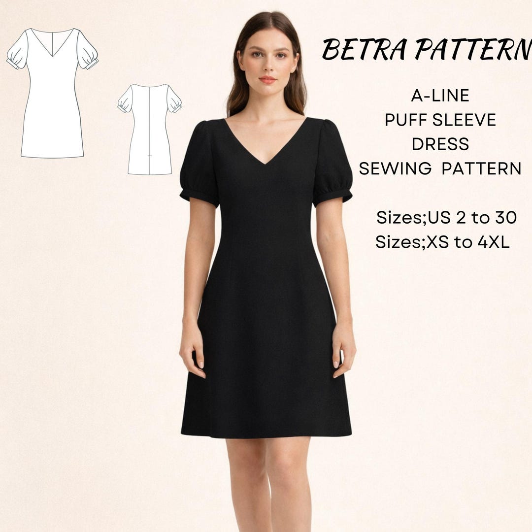 A-line Puff Sleeve Dress Sewing Pattern: Above Knee Lenght (PDF A0/A4 ...
