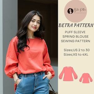 Blusa de primavera con mangas abullonadas, blusa de otoño, blusa bohemia informal, blusa holgada, blusa de manga larga, tallas de EE. UU. 2 a 30, XS-4XL, A0, A4-letra de EE. UU.