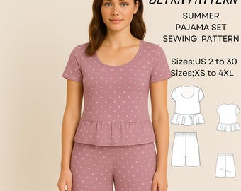 May include: A mauve pajama set with white polka dots. The set includes a short-sleeved top with a ruffled hem and matching shorts. The image also shows a sewing pattern with the text "BETRA PATTERN SUMMER PAJAMA SET SEWING PATTERN".