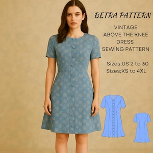 1950s Button Front Dress Sewing Pattern: Vintage Style (A0, A4, US Letter) (Digital Download)