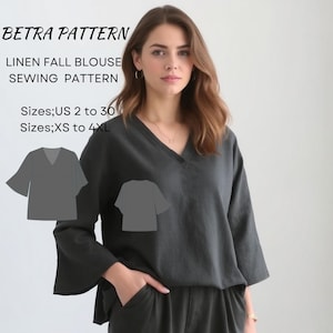 Patrón de costura de blusa de lino para otoño, blusa con cuello en V, blusa con mangas acampanadas 3/4, blusa bohemia informal, blusa holgada, tallas 2 a 30, XS-4XL, talla A4-carta de EE. UU., A0