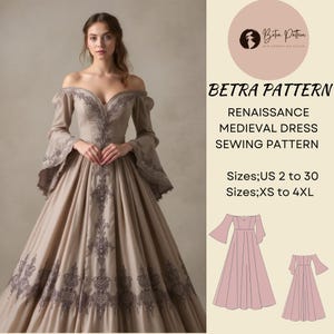 Patrón de costura para vestido victoriano renacentista, vestido medieval, vestido de cosplay, vestido largo con hombros descubiertos, vestido de fiesta, tallas EE. UU. 2 a 30, XS-4XL, A0, A4-carta EE. UU.
