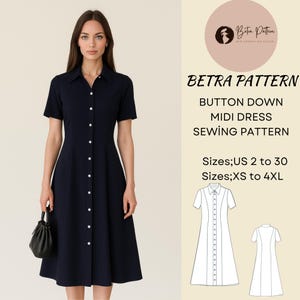 May include: A navy blue button-down midi dress with short sleeves and a collared neckline. The dress features a row of white buttons down the front and a flared skirt. The image also includes a sewing pattern with the text "BETRA PATTERN".