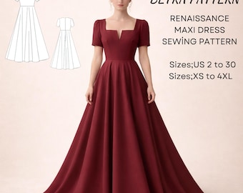 Renaissance Maxi Dress Sewing Pattern – Puff Sleeve Dress PDF A0/A4 US 2-30