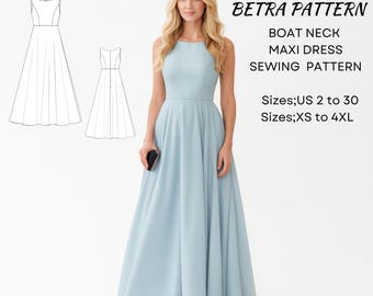 Boat Neck Maxi Dress Sewing Pattern: Ball Gown, Evening Dress (PDF)