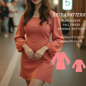 Herbst Kleid mit Puffärmeln Schnittmuster,Minikleid,Langarm Kleid,legeres Kleid,bescheiden,Frühlingskleid,A0,A4-US Letter,US Letter,US;2 to30,XS-4XL
