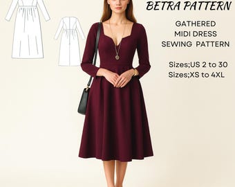 Gathered Midi Dress Sewing Pattern: Fall Long Sleeve (US 2-30) (Digital Download)