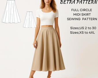 Patrón de costura para falda midi de círculo completo (tallas XS-4XL, tamaño A4-Carta EE. UU.) (patrón en PDF)
