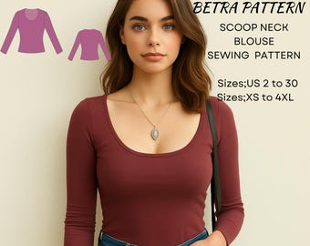 Mönster för blus med rund halsringning: Slim fit, damstorlekar XS-4XL (PDF digital)