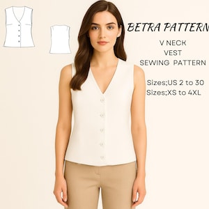 May include: A woman wearing a cream-colored V-neck vest with button closures. The image includes a sewing pattern diagram and text that reads "BETRA PATTERN V NECK VEST SEWING PATTERN Sizes; US 2 to 30 Sizes; XS to 4XL."