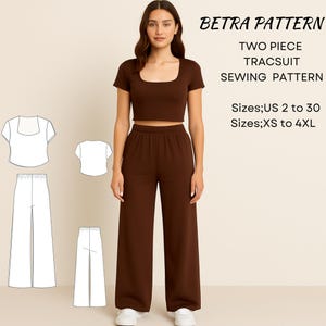 May include: A brown two-piece tracksuit, consisting of a crop top with a square neckline and wide-leg pants. The image includes a sewing pattern with the text "BETRA PATTERN TWO PIECE TRACSUIT SEWING PATTERN" and size information.