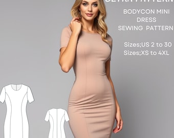 Mönster för bodycon miniklänning: Stretchig pennklänning (A4/US Letter) (digital nedladdning)