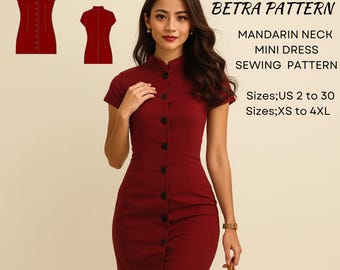 Cheongsam Mini Dress Sewing Pattern: Mandarin Neck, XS-4XL (PDF Pattern)