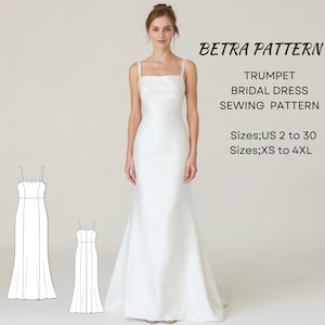 Puede incluir: Un vestido de novia blanco con forma de trompeta, escote cuadrado y tirantes finos. La imagen incluye a una mujer que lleva el vestido y dos dibujos lineales del mismo. El texto de la imagen dice "BETRA PATTERN, TRUMPET BRIDAL DRESS SEWING PATTERN, Tallas; US 2 a 30, Tallas; XS a 4XL."
